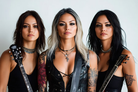 Three female musicians with guitars and tattoos are posing for a portraitの素材