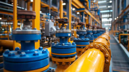 Yellow and blue pipes and valves regulating industrial processes in a modern factoryの素材
