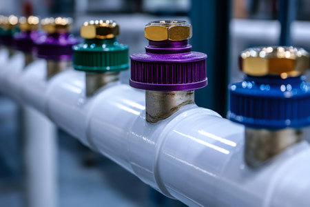 Close up of colorful valves regulating flow within an industrial pipeline system, showcasing essential components for fluid controlの素材