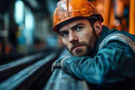 Portrait of a metal industry factory worker resting his arms on some metal bars after a hard day's workの素材