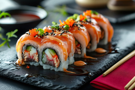 Fresh uramaki sushi with salmon, avocado, surimi and sesame seeds, decorated with mayonnaise and fish eggs, served on a black slate plate with chopsticks and soy sauceの素材