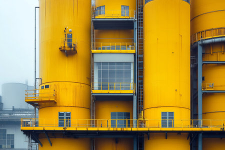 Striking yellow industrial silos and tanks stand tall in a modern processing plant, showcasing the scale of industrial operationsの素材