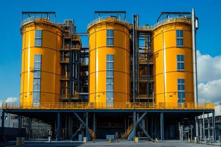 Three towering yellow tanks dominate the industrial landscape of a chemical processing plant, showcasing the scale of modern manufacturingの素材