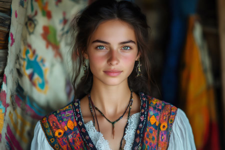 Beautiful young woman with green eyes wearing traditional colorful clothes and posing in a rural houseの素材
