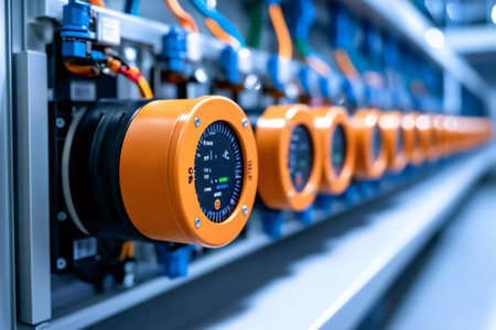 Orange temperature and pressure gauges are measuring and displaying industrial process variables on a control panelの素材