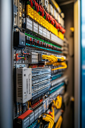 Server room electrical cabinet displaying intricate wiring, circuit breakers, and electronic components, emphasizing the complexity of modern network infrastructureの素材
