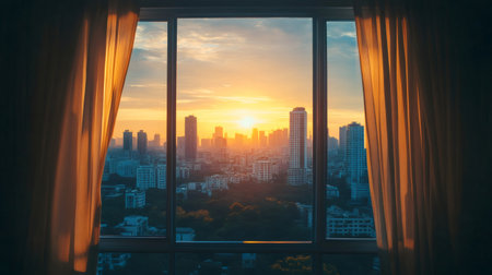 Stunning sunrise over a cityscape viewed from an apartment window, creating a warm and inviting atmosphereの素材