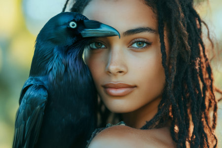 Beautiful young woman with dreadlocks poses serenely with a large black raven perched on her shoulderの素材