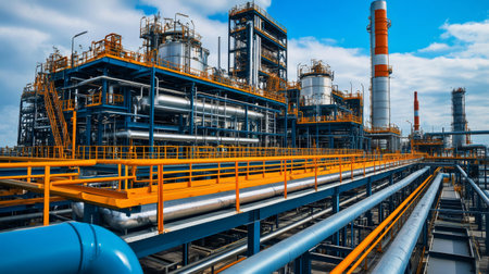 Modern petrochemical plant processing fossil fuels, featuring intricate pipework, distillation columns, and storage tanks against a backdrop of cloudsの素材