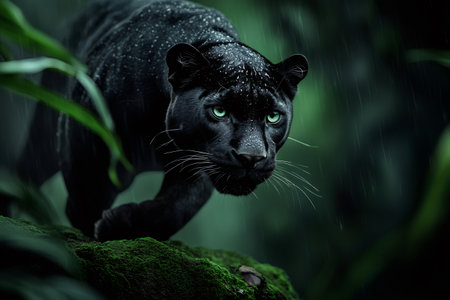 Black panther with intense green eyes walking through a lush, rainy jungleの素材