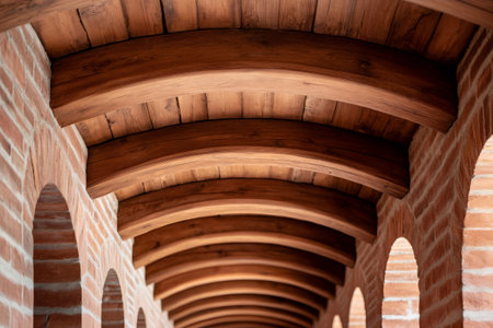 Architectural detail showing a series of wooden beams and brick arches forming a hallway with converging lines and vanishing pointの素材