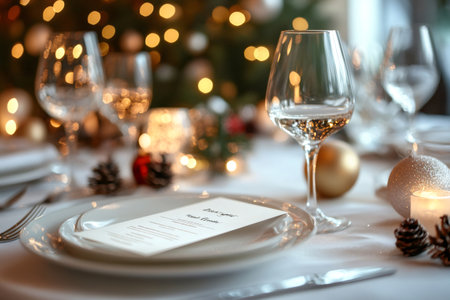 Elegant Christmas dinner table setting featuring a menu, wine glasses, and festive decorations, creating a warm and inviting holiday atmosphereの素材