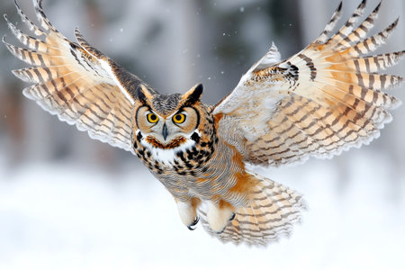 Great horned owl with large wingspan soaring over snowy landscapeの素材