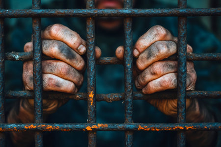 Dirty hands gripping rusty prison bars, conveying a sense of despair and confinementの素材