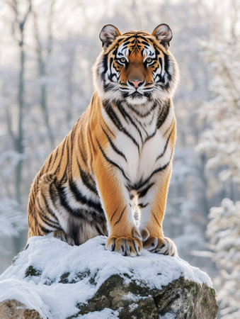 Powerful Siberian tiger resting on a snow covered rock in a serene winter forest settingの素材