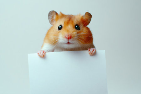 Adorable hamster holding a blank white sign, perfect for adding custom messages or designsの素材