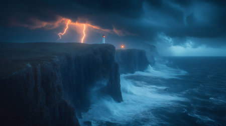 Neist point lighthouse on the Isle of Skye in Scotland during a night storm with lightning illuminating the dark cloudsの素材