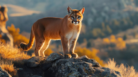 Wild cougar standing on a rock in its natural environment with a blurred autumnal backgroundの素材
