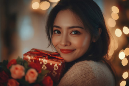 Happy young woman holding christmas gift and red roses bouquet, smiling in front of blurred christmas lightsの素材