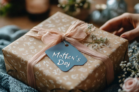 Hand placing a beautifully wrapped mother's day gift on a soft, cozy blanketの素材
