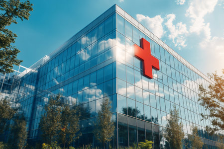 Glass facade of a modern hospital building with a prominent red cross symbol, reflecting the blue sky and white cloudsの素材