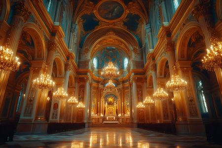Ornate interior of a cathedral, showcasing golden decorations, crystal chandeliers, and a serene atmosphereの素材
