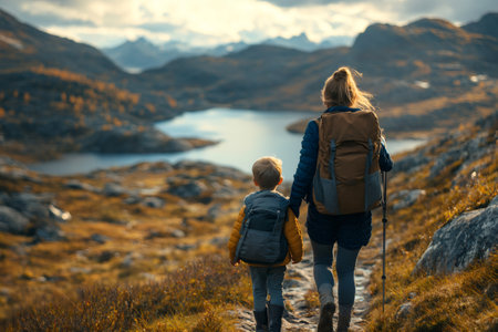 Mother and son enjoying a hike in a beautiful mountain landscape with a lake, embracing the tranquility of natureの素材