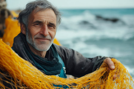 Portrait of an old fisherman holding his fishing net, smiling and looking at the camera with the sea in the backgroundの素材