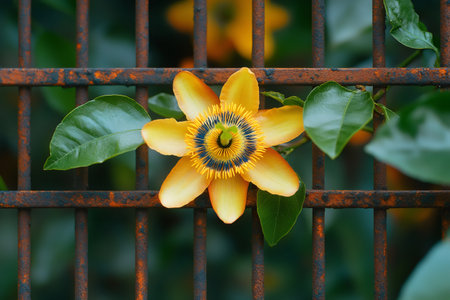 Close up of a vibrant passion flower blooming through a rusty metal fence, showcasing the contrast between nature's beauty and urban decayの素材