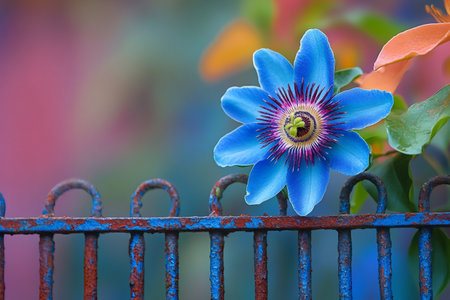 Vibrant blue passion flower adds a touch of exotic beauty to a rustic garden sceneの素材