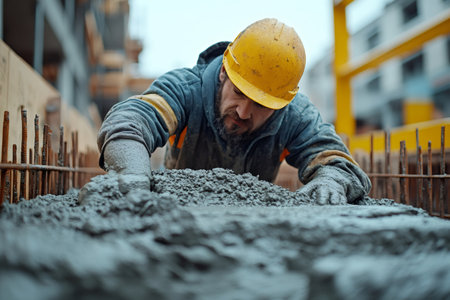Construction worker wearing protective gear pouring concrete at building siteの素材
