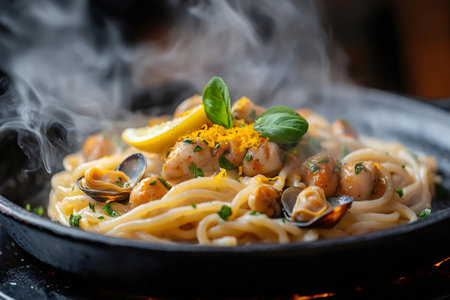 Delicious seafood pasta dish steaming hot with clams, lemon, and fresh basilの素材