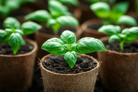 Seedlings are growing in biodegradable pots, representing sustainable agriculture and eco-conscious gardening practicesの素材