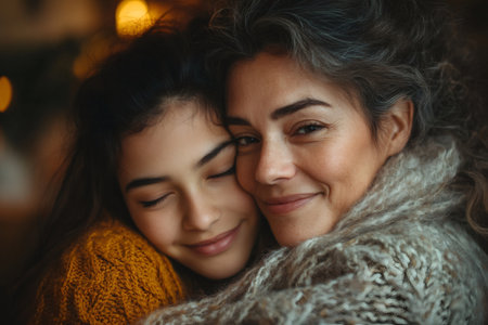 Mother and her teenage daughter are hugging and smiling, enjoying a quiet moment of connection and loveの素材