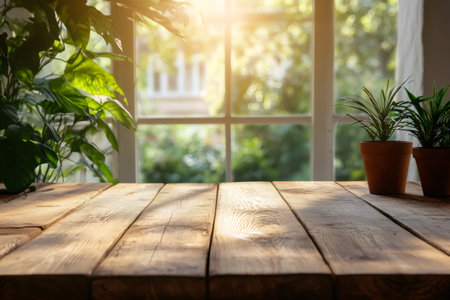 Empty wooden table illuminated by sunlight coming from window with plants in terracotta pots, perfect for product placementの素材
