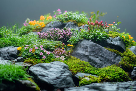 Miniature garden showcasing vibrant flowers thriving on wet rocks, creating a captivating natural sceneの素材