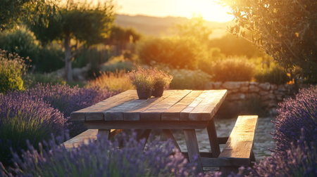Charming garden with lavender flowers and wooden furniture during a golden sunsetの素材