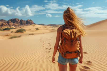 Female tourist with backpack walking on sand dunes exploring desert landscape under blue skyの素材