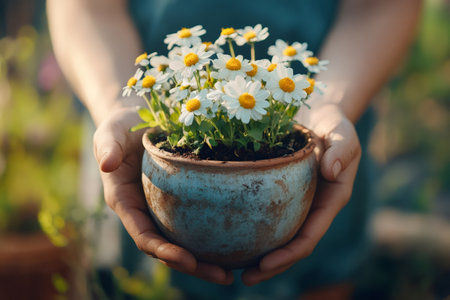 Gardener holding a terracotta pot with beautiful white daisies blooming, gardening and taking care of plantsの素材
