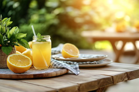 Orange juice with ice and mint sits on a decorated wooden table in a sunny garden setting, creating a refreshing summer sceneの素材