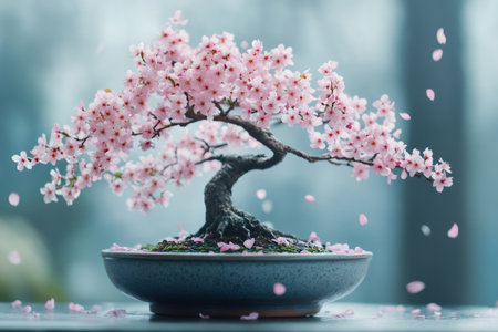 Cherry blossom bonsai tree with pink flowers losing its petals over a blue, blurred backgroundの素材