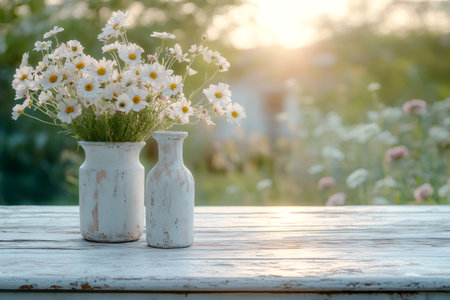 White daisies in vintage vase decorating wooden table in beautiful summer garden at sunsetの素材