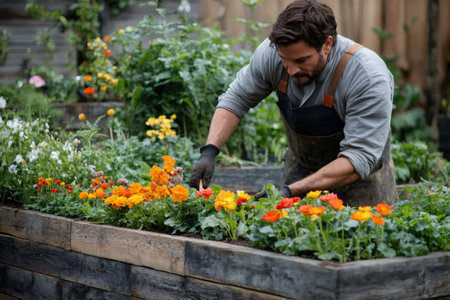 Male gardener planting flowers in raised bed on a sunny day, enjoying his hobby and creating beautiful landscapingの素材