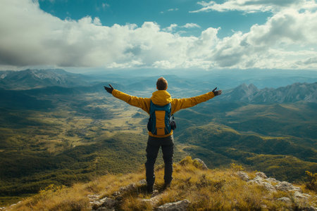 Hiker with backpack standing on mountain peak opening arms embracing freedom and enjoying idyllic valley viewの素材