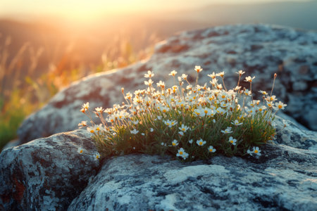 Beautiful white flowers growing on a rock in the mountains during a scenic sunsetの素材