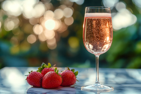 Rose sparkling wine is paired with fresh strawberries on a marble table, creating a luxurious summer evening atmosphereの素材