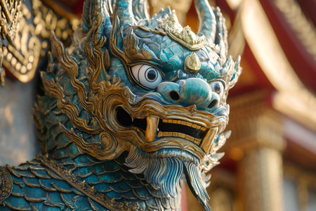 Close up of a vibrant kirin statue, showcasing intricate details and craftsmanship, standing guard at a traditional thai templeの素材