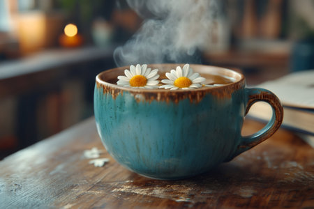 Two chamomile flowers floating in a steaming cup of tea, creating a cozy and relaxing atmosphereの素材