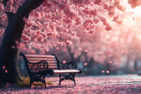 Pink petals falling from a cherry tree covering a bench in a peaceful park during a beautiful spring sunsetの素材