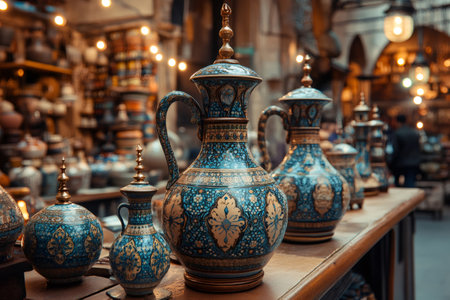 Colorful ceramic jugs and vases with golden decorations, handcrafted with traditional arabic patterns, displayed on a wooden shelf in a souvenir shopの素材